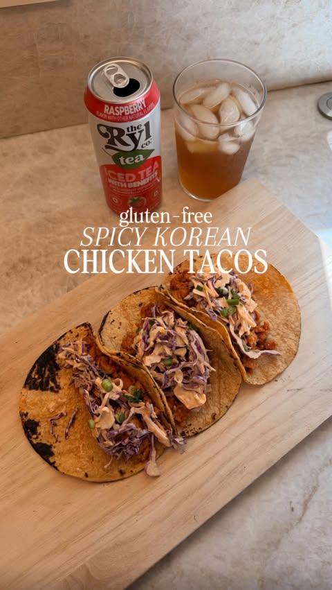 Instagram post by @clarissaskitchen for Ryl Tea. Caption reads: #ad the PERFECT combo: Spicy Korean Chicken Tacos....