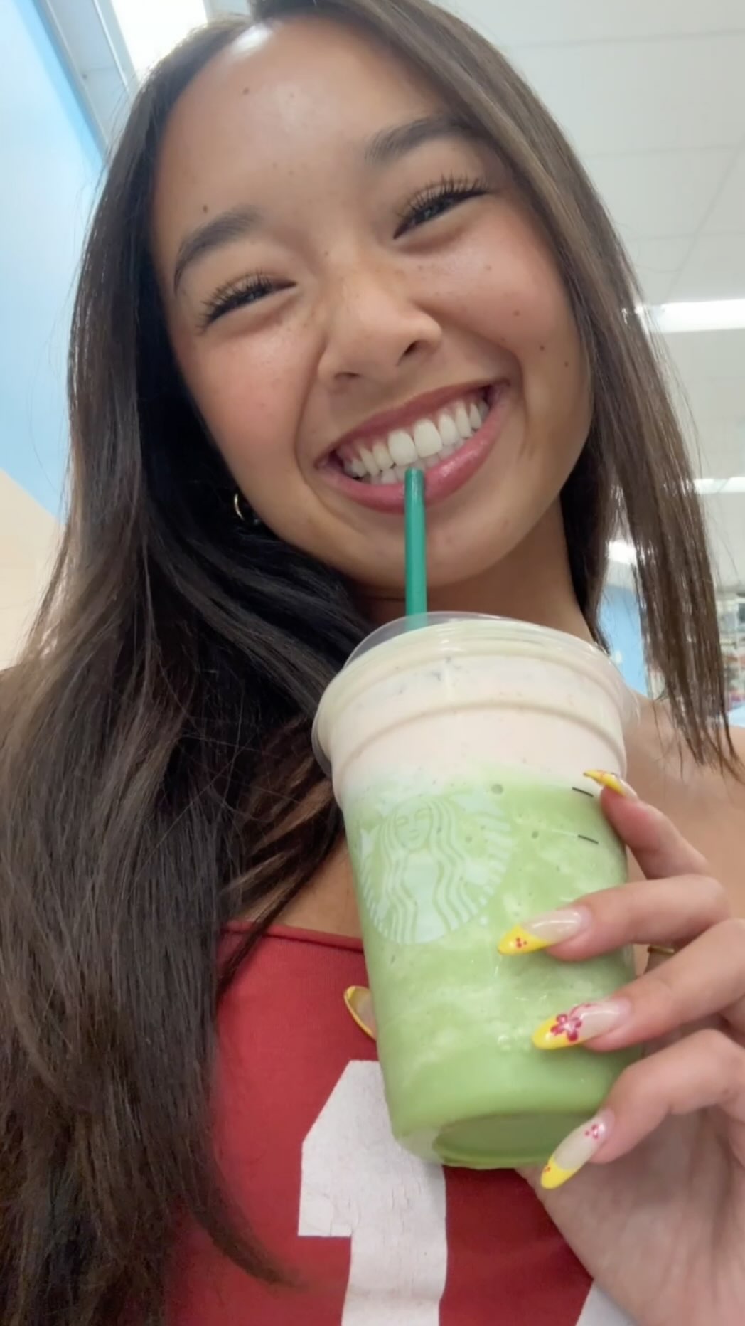 Instagram post by @nicolelaeno for Starbucks. Caption reads: The new @Starbucks Strato Frappuccino Drinks are....