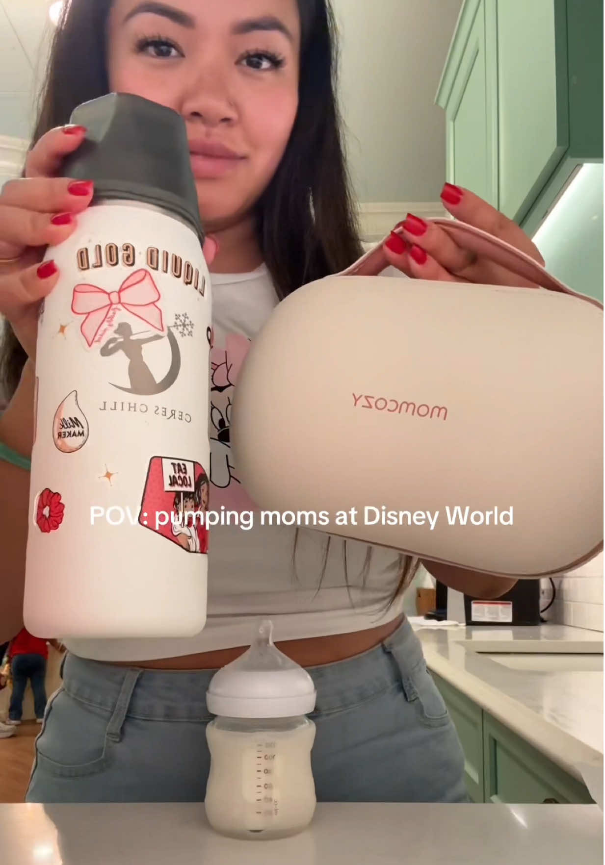 TikTok post by @xoxomonnie for Momcozy. Caption reads: [...] items as a pumping mom- @Momcozy Official....