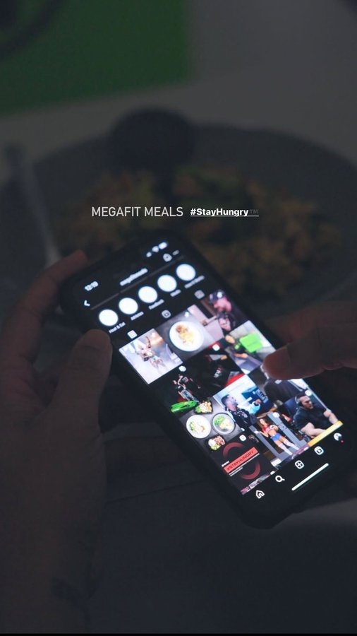 Instagram post by @jahleel_moon for Megafit Meals. Caption reads: #stayhungry™ @megafitmeals 🦁💚.