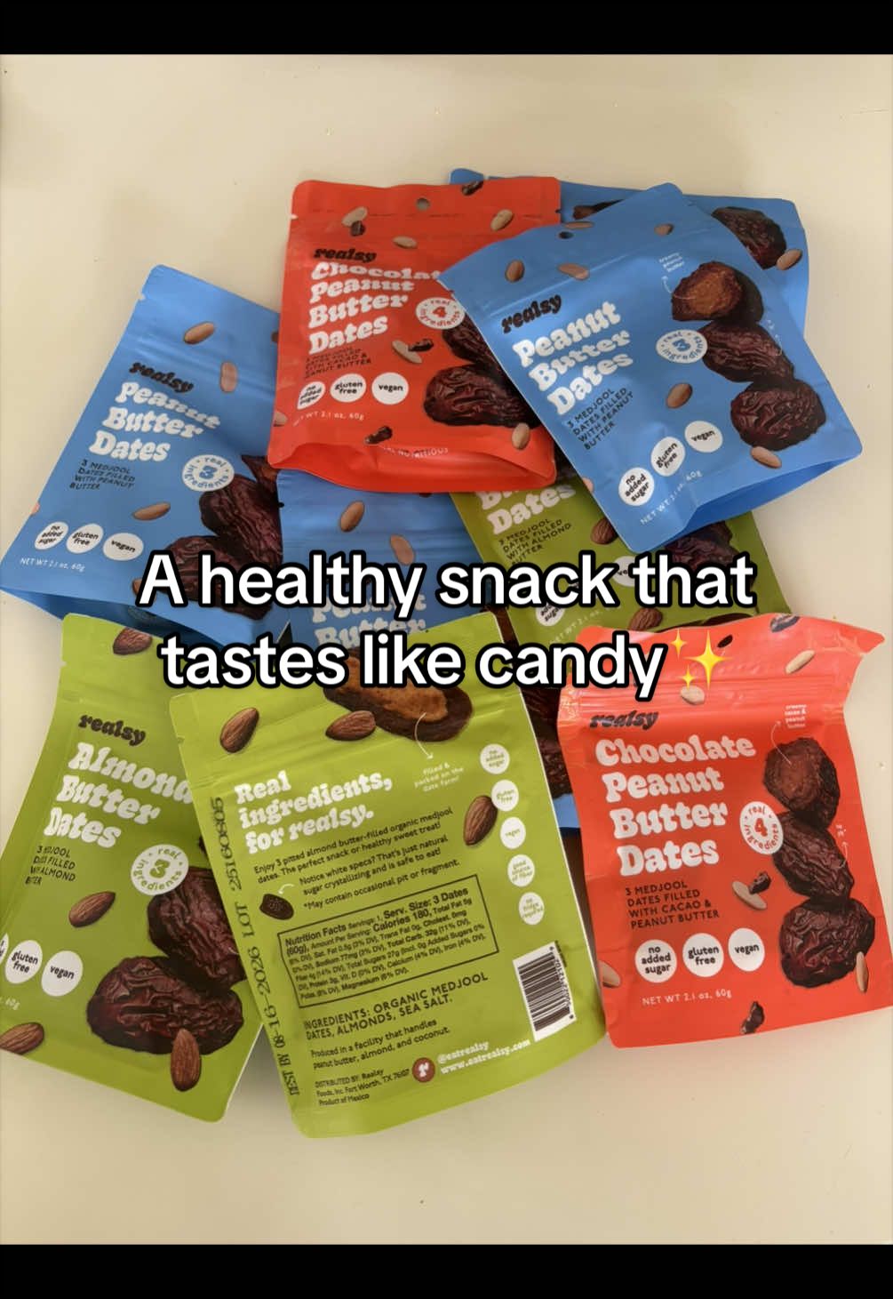 TikTok post by @cynthia.briones4 for Realsy. Caption reads: [...] #quicksnack #stuffeddates #sweettreats....