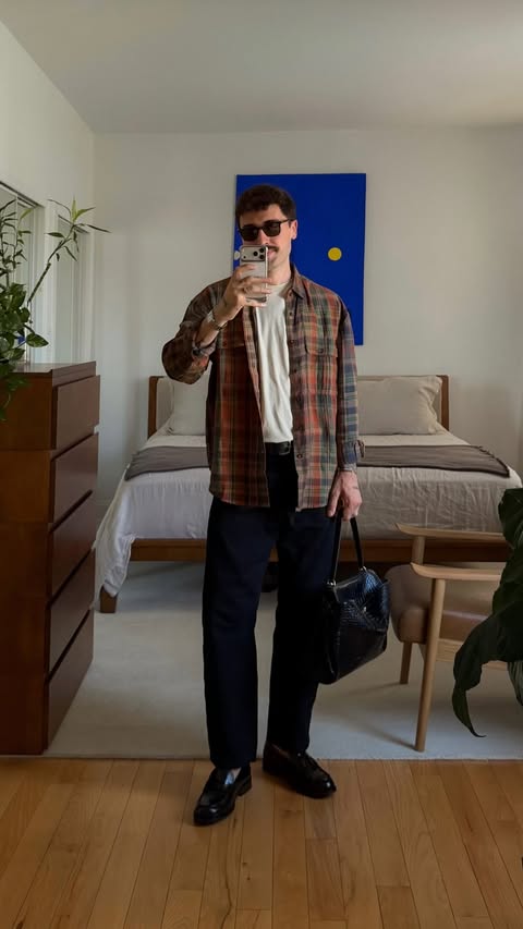Instagram post by @alexander_koch1 for Banana Republic. Caption reads: plaid and black, always works @bananarepublic....
