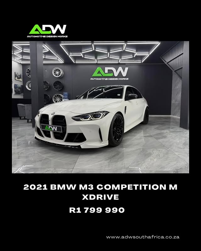 Instagram post by @sa_exotics for ADW South Africa. Caption reads: 2021 BMW M3 Competition M Drive • 34 000KM •....