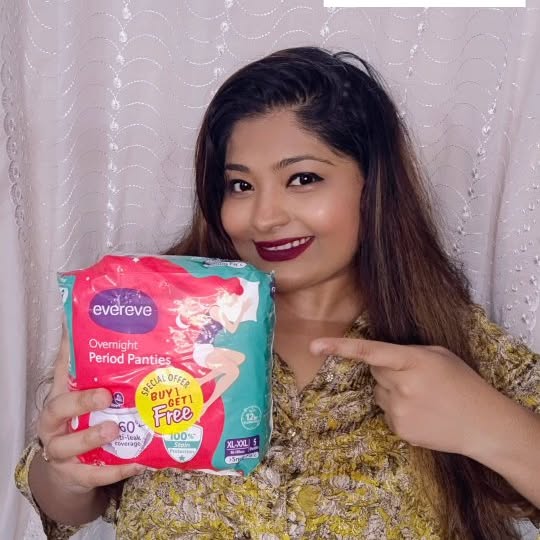 Instagram post by @karthika_195 for Evereve. Caption reads: Say goodbye to sleepless nights and constant pad....