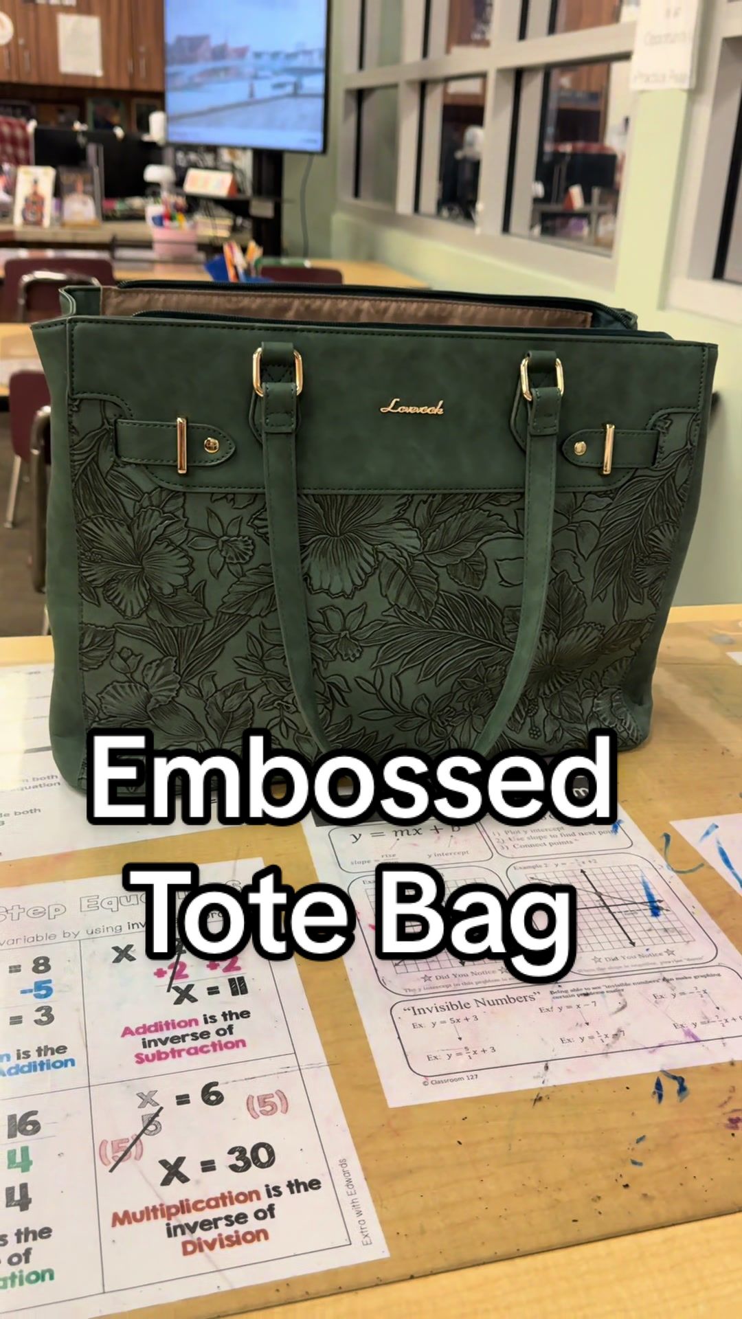 TikTok post by @hustleandteach2 for Lovevook. Caption reads: Embossed Tote Bag @Lovevook Bags come in sizes....