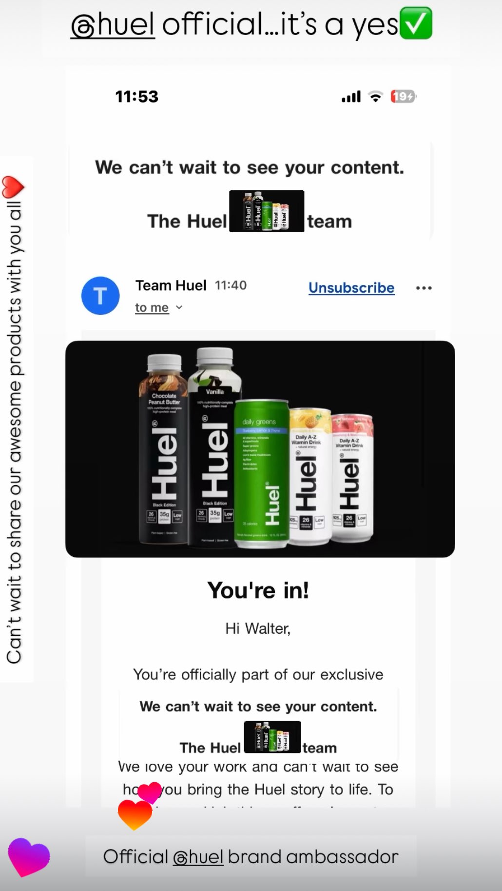Instagram post by @runthestreetsfitness for Huel. Caption reads: #ad @huel #teamhuel Extremely proud to have [...].