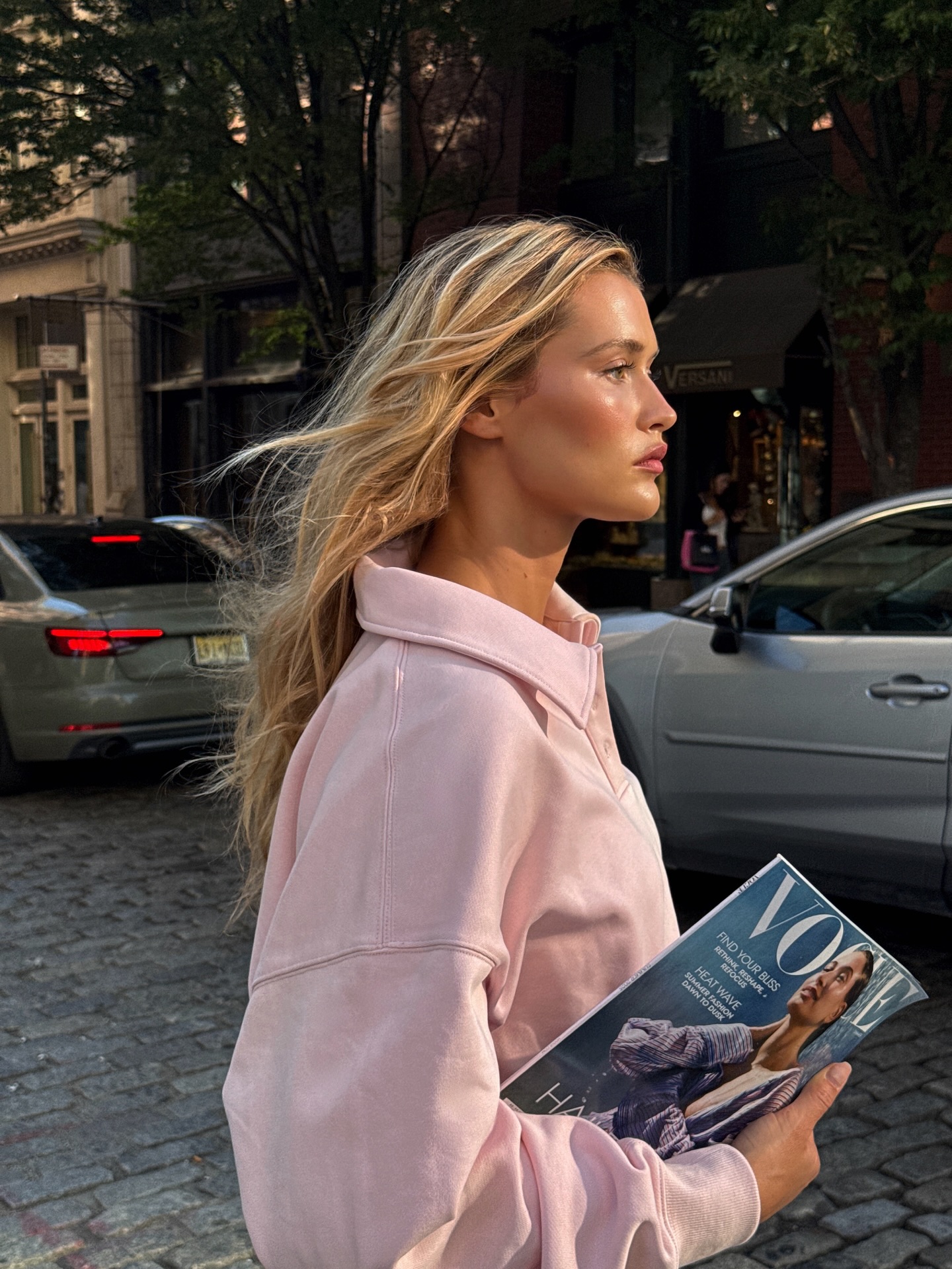 Instagram post by @chloelecareux for LilySilk. Caption reads: Sporty Pink look for the day 🎀 white look for....