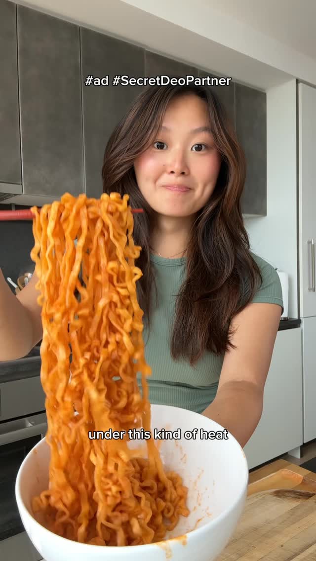 Instagram post by @issaokamoto for Secret Deodorant. Caption reads: #ad #SecretDeoPartner Spicy noodles, zero sweat....