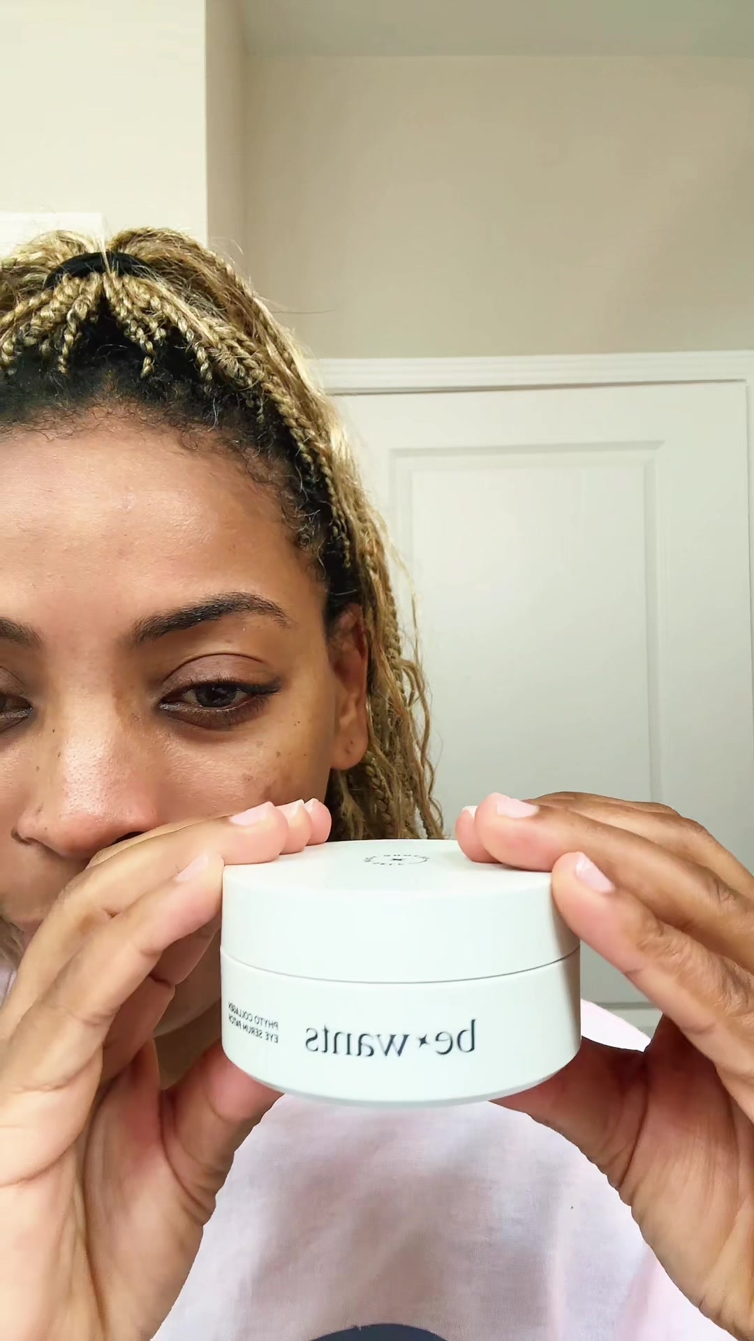 TikTok post by @poochielvz for Hwahae US. Caption reads: Tired eyes with Phyto Collagen Eye Serum Patches....