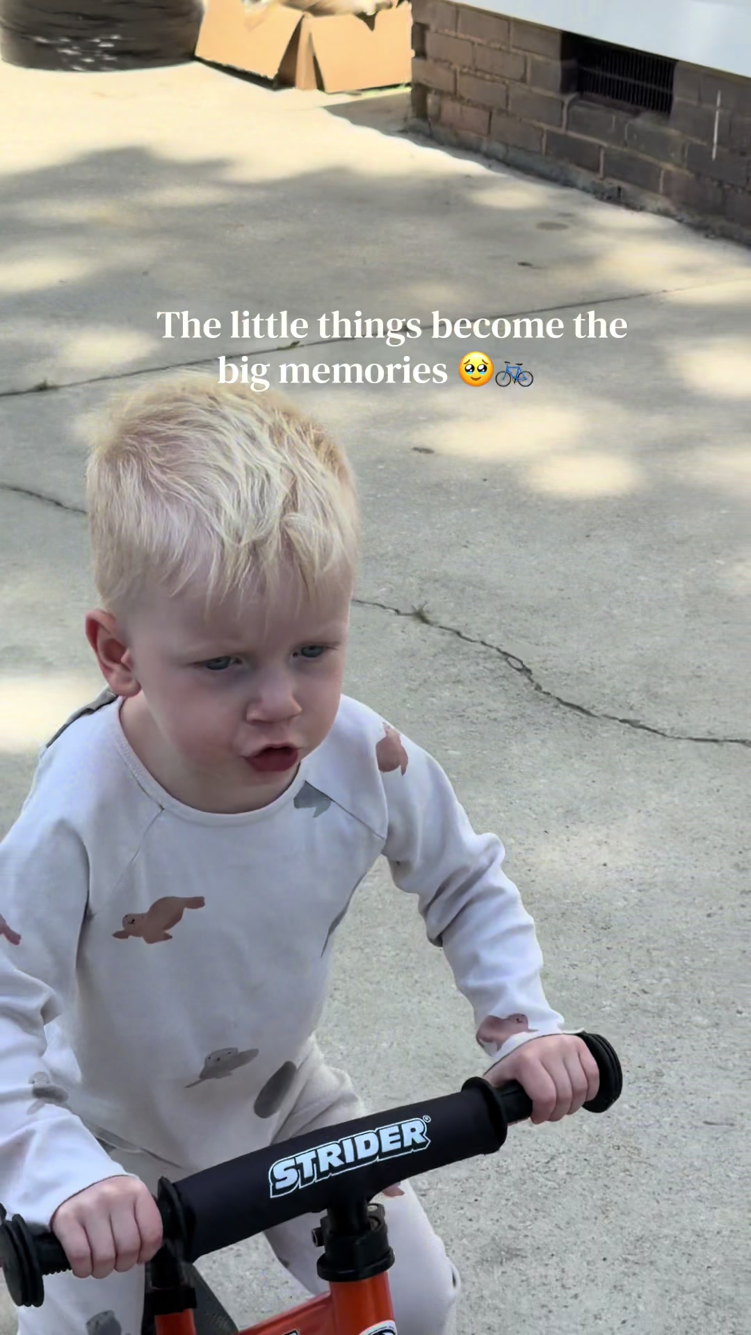 TikTok post by @tarabrittaingreen for Strider Bikes. Caption reads: [...] #toddlersoftiktok #boymom @Strider Bikes.