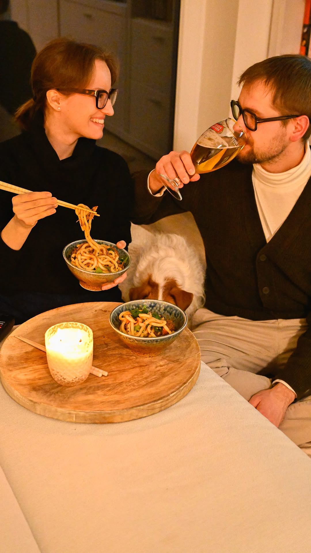 Instagram post by @lubojatzky_couple for Stella Artois. Caption reads: RECEPT na Udon nudle s trhaným hovězím 👌| Soutěž....