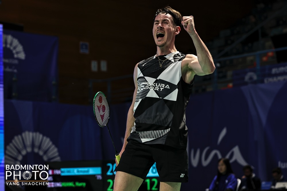 Instagram post by @arnaudmerkle for Yonex. Caption reads: [...] #allin #europeanchampionship #lastdance....