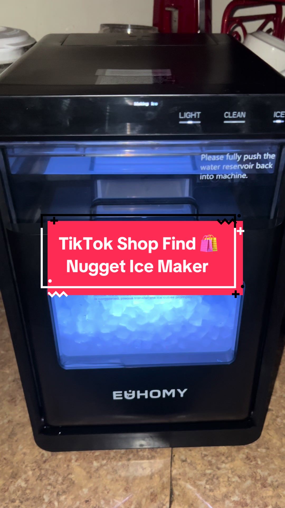 TikTok post by @vibingwithtiff for Euhomy. Caption reads: @EUHOMY Nugget Ice Maker Make 44Ibs Of Ice 🧊❄️....