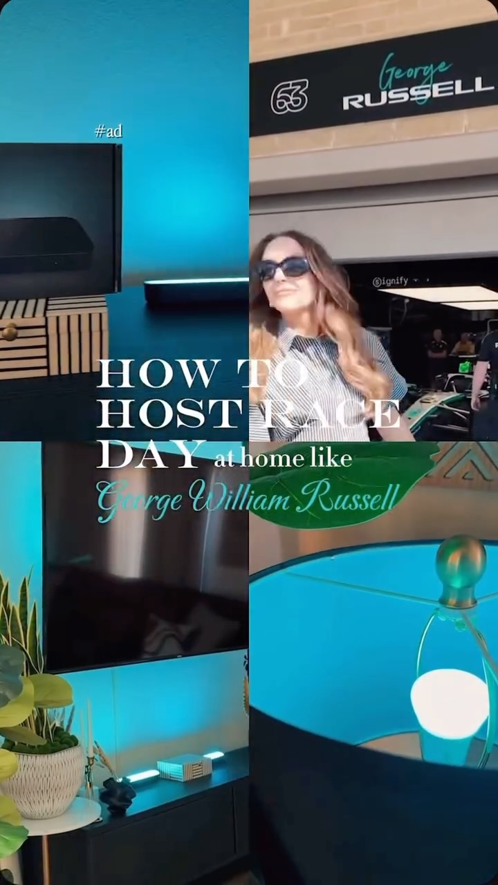 Instagram post by @shelovesvrooms for Philips Hue. Caption reads: Hue lights in pole position ✅ 🏎️✨ @philipshue....