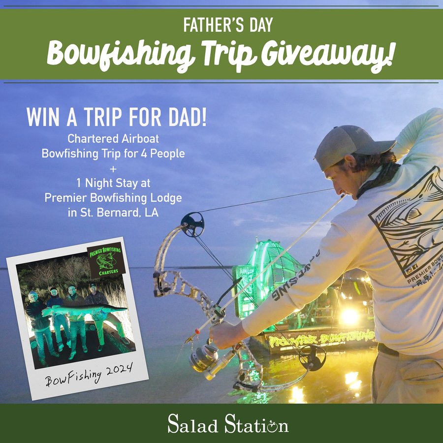 Instagram post by @premierbowfishing for Salad Station. Caption reads: 🐟🏹 Father’s Day Bowfishing Trip Giveaway!....