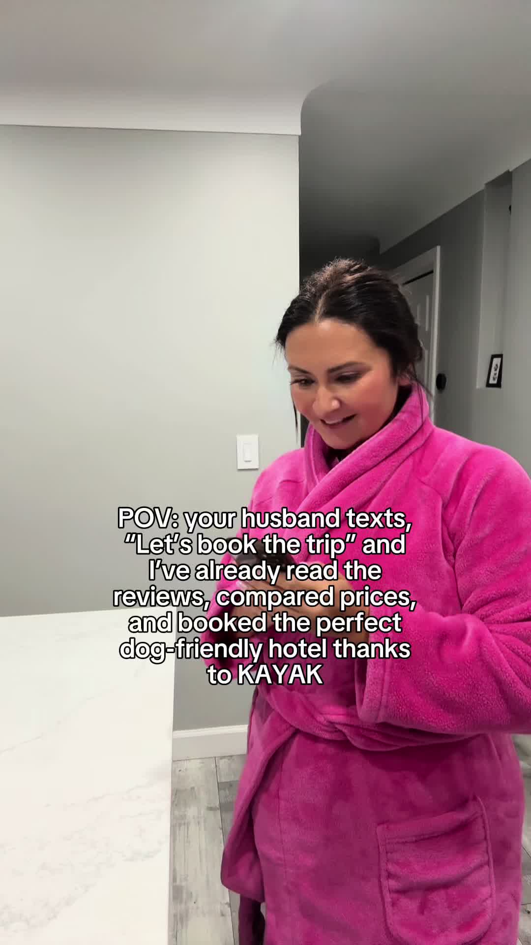 TikTok post by @rott_n_chugs for KAYAK. Caption reads: [...] dogs to pack their own bags next 🤣🧳🐶....