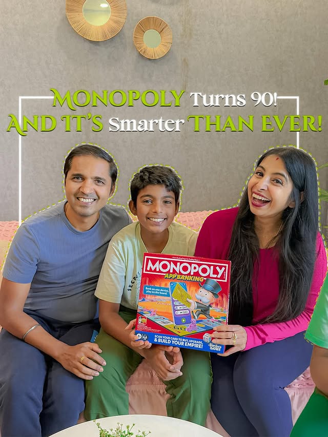 Instagram post by @pinkeypreet for Hasbro. Caption reads: @hasbroindia Monopoly turns 90, and it’s smarter....