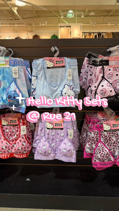 Instagram post by @hk.fairyy for rue21. Caption reads: Hello Kitty🎀 bra and boy short sets at @rue21 for....