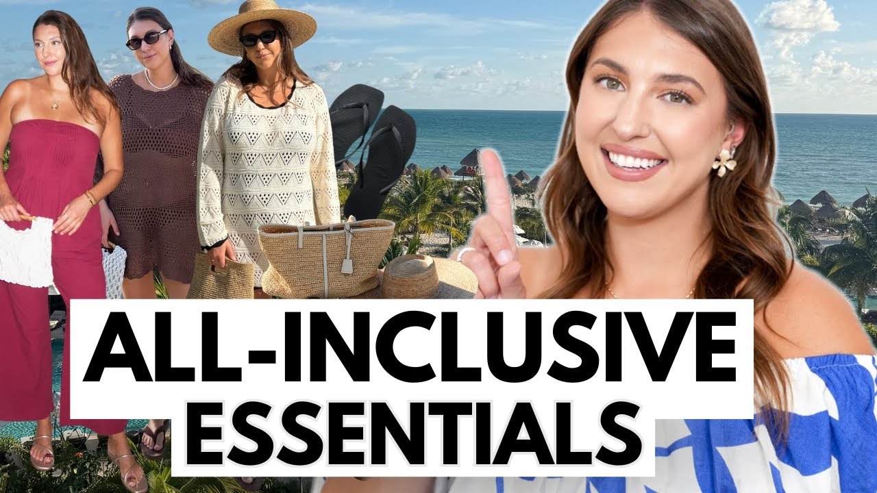 YouTube post by @DanaBerez for Poshmark. Caption reads: What to Wear & Pack for an All-Inclusive Resort 🌴....