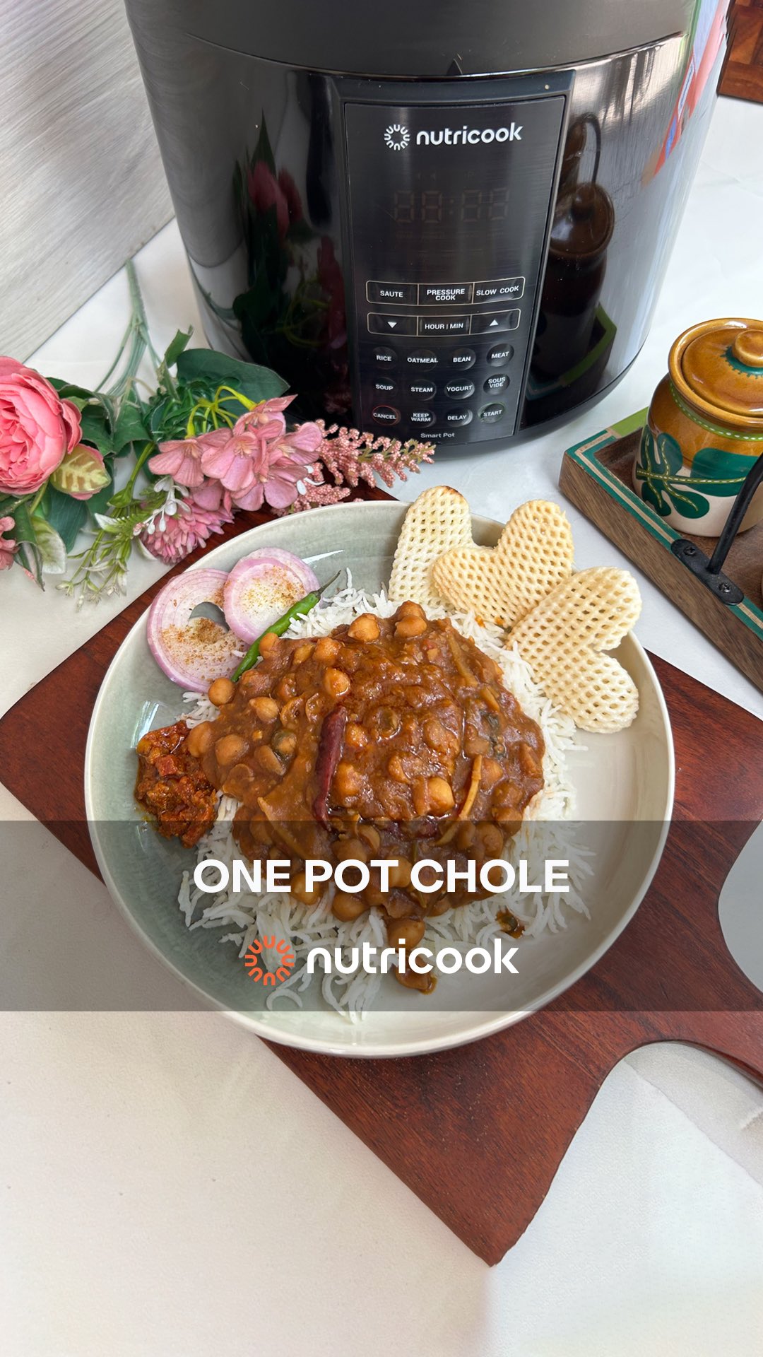 Instagram post by @home_cooked_bliss for Nutricook India. Caption reads: ✨ One Pot Chole – Smart Pot Style ✨ 

👩‍🍳 Add to....