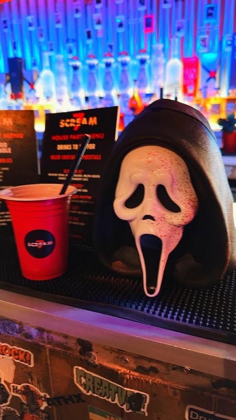 Instagram post by @popcornandglitter for Paramount Pictures. Caption reads: PR 🔪📼 Survived the #Scream7 house party!....