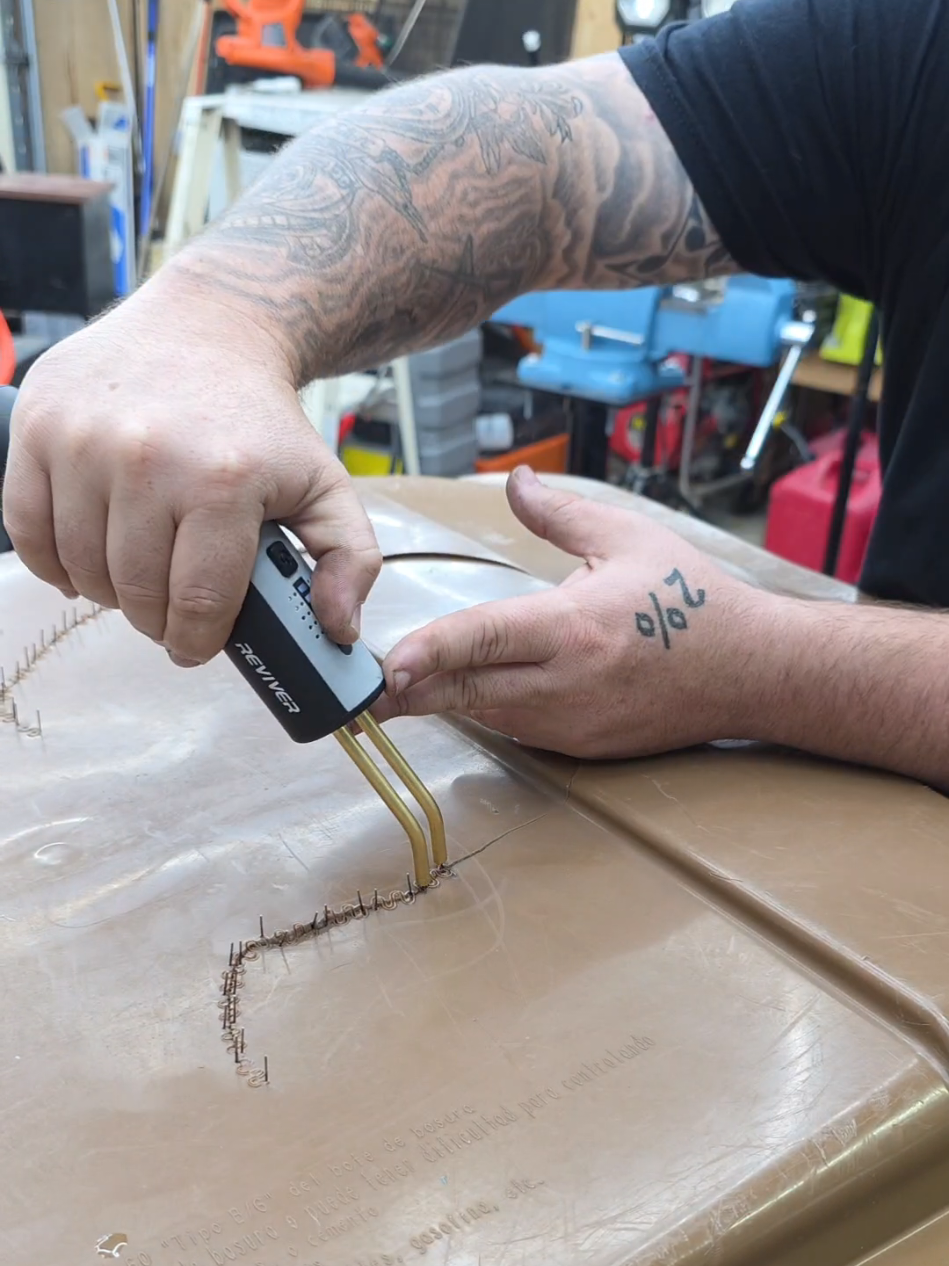 TikTok post by @tooladdictedgreasemonkey for toolant. Caption reads: first time using a plastic welder! @toolant  #TAGM....