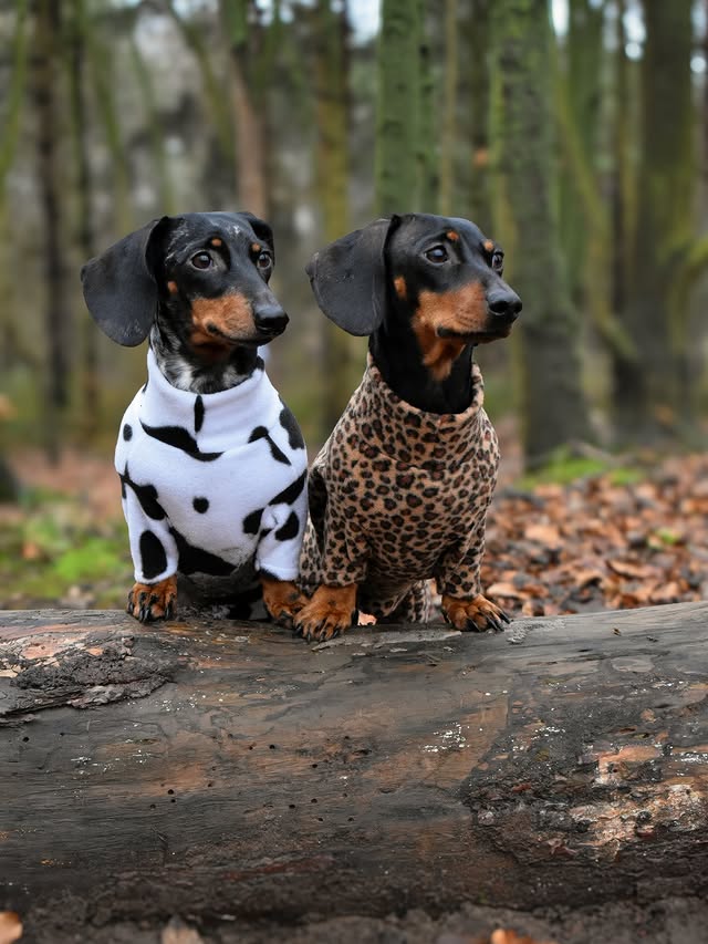 Instagram post by @thesausageandlabadventures for Hugo and Ted. Caption reads: [...] finding out wild side 🐆🐄 Wearing....