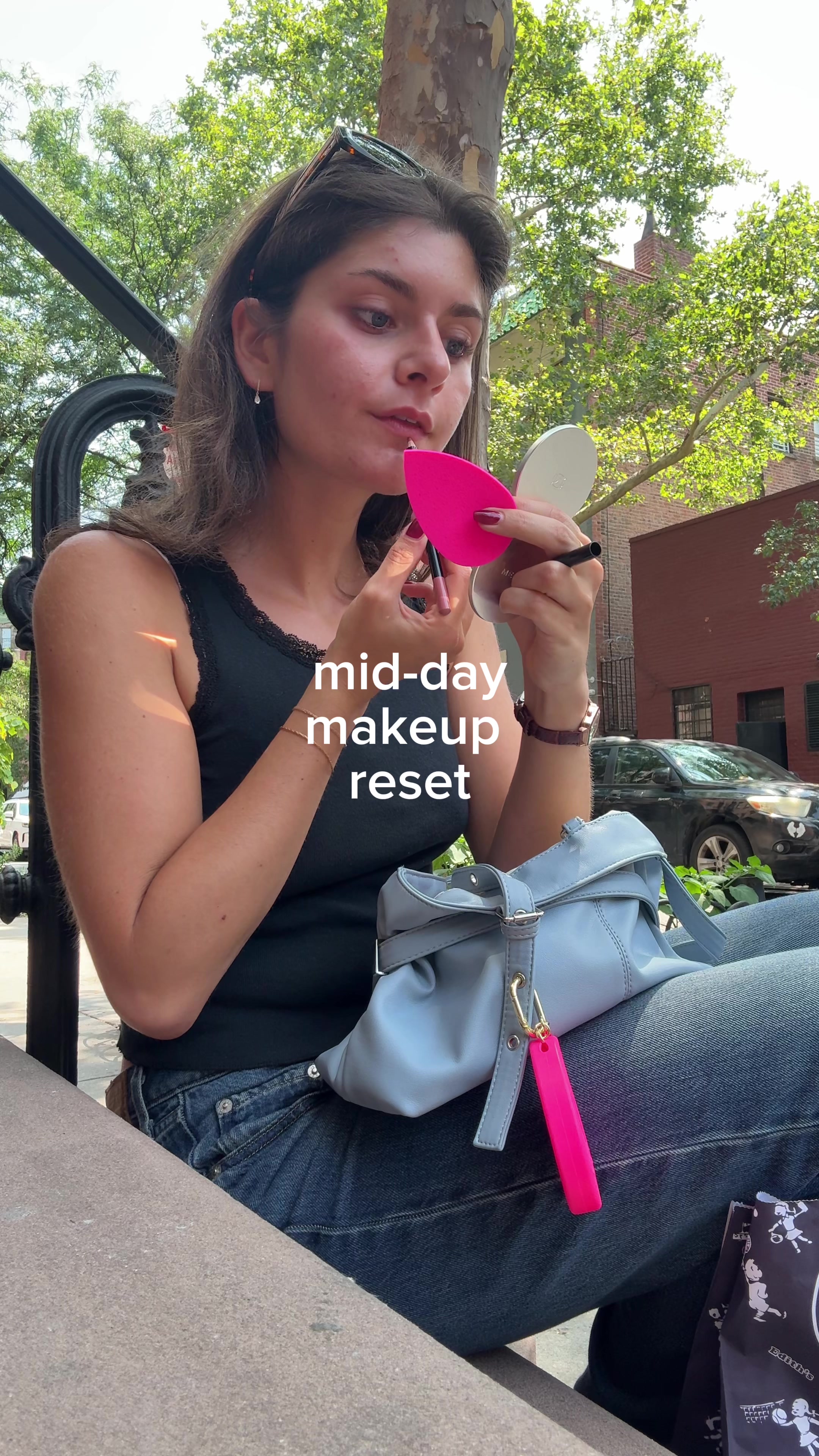 TikTok post by @chiaraglucia for beautyblender. Caption reads: Nothing says girl on the go like @Beautyblender’s....