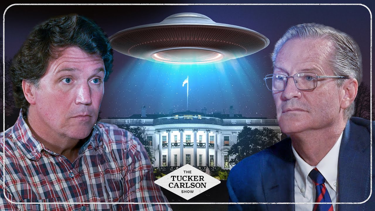 YouTube post by @TuckerCarlson for SimpliSafe. Caption reads: New Underwater UFO Sightings and the Non-Human....
