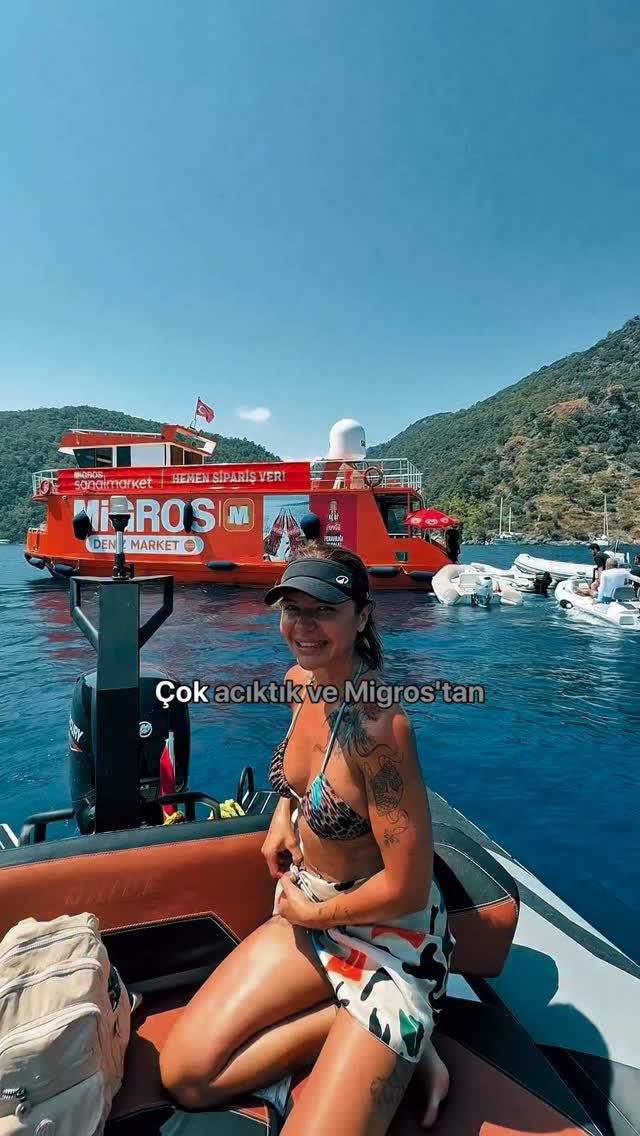 Instagram post by @brcnerl for Migros. Caption reads: 😂 Karnımız zil çaldı, Göcek’in ortasında market....