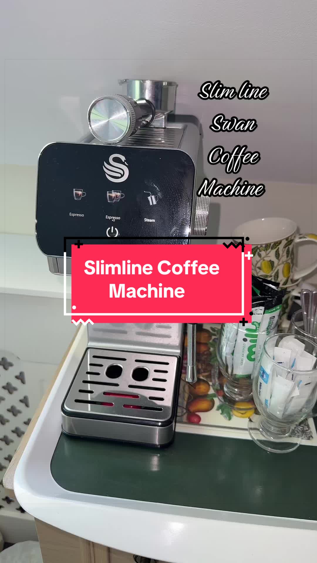 TikTok post by @carly_rebecca for SwanbrandSA. Caption reads: @Swan Brand UK Slimline Coffee Machine....