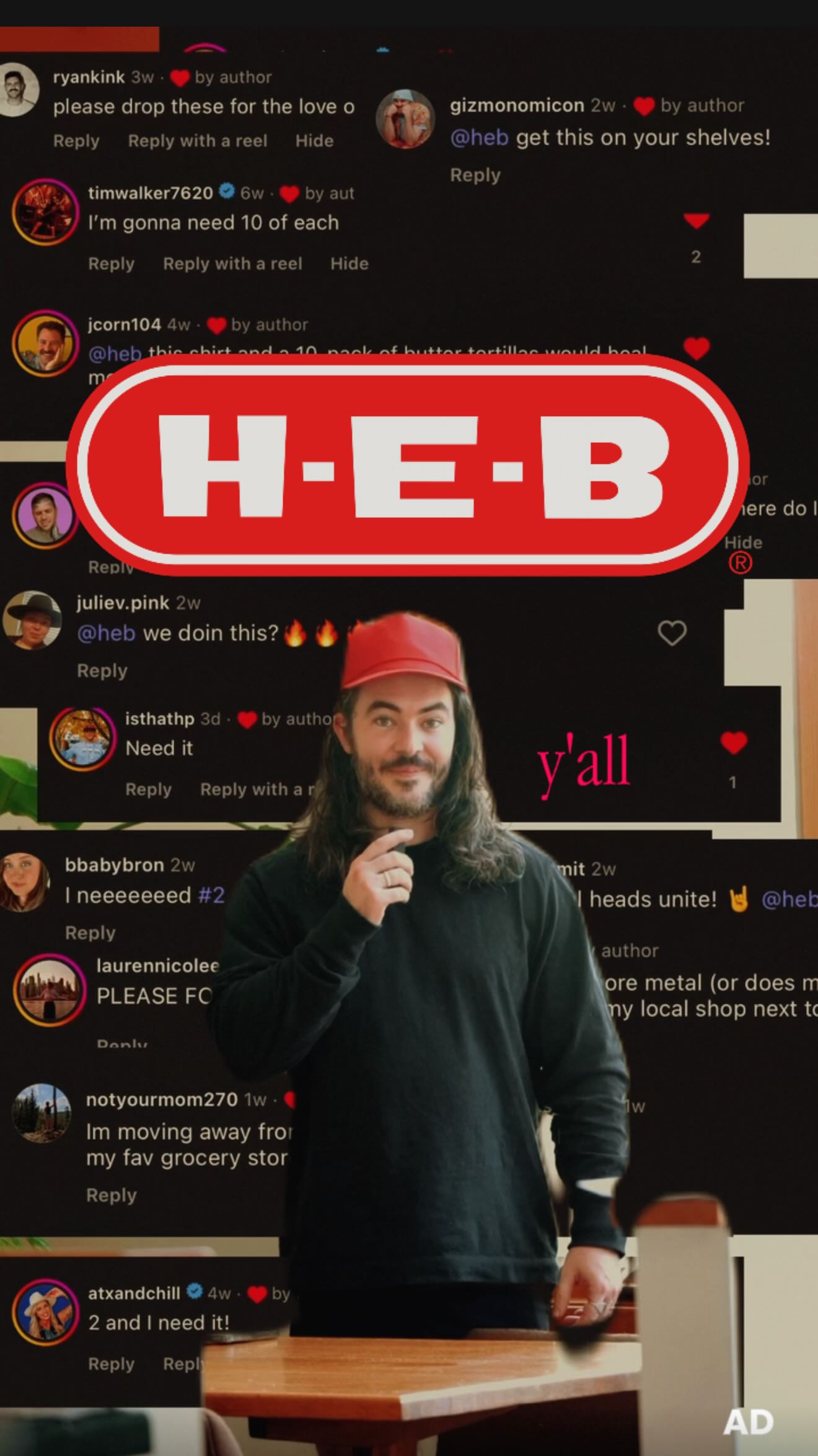 Instagram post by @connor.designs for H-E-B. Caption reads: #ad @heb is 💯yall.. we did it!!.