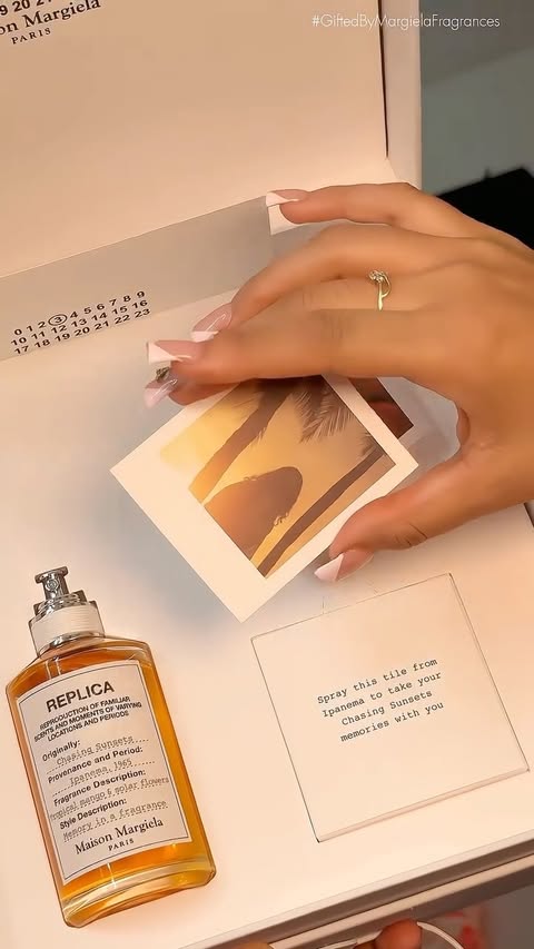 Instagram post by an influencer for Maison Margiela Fragrances. Caption reads: [...] Chasing Sunsets.🥭✨....