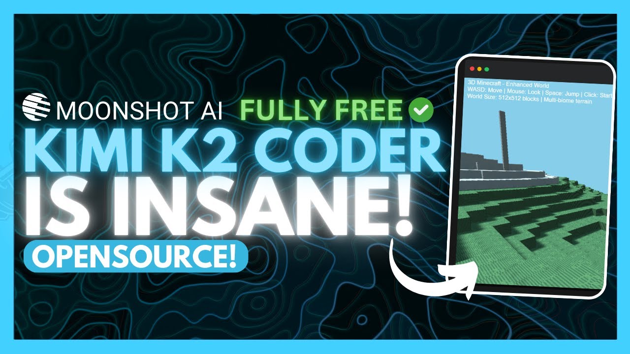 YouTube post by @intheworldofai for Kittl. Caption reads: Kimi K2 Coder: NEW FULLY FREE AI Coder Is Insane!....