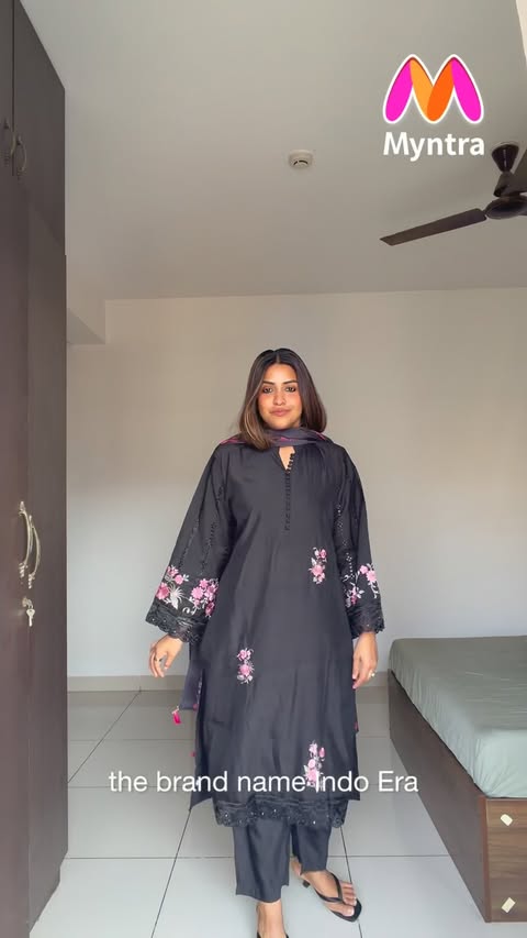 Instagram post by @asthatiwari08 for Myntra. Caption reads: [...] trying too hard 🤍 This ethnic set from....