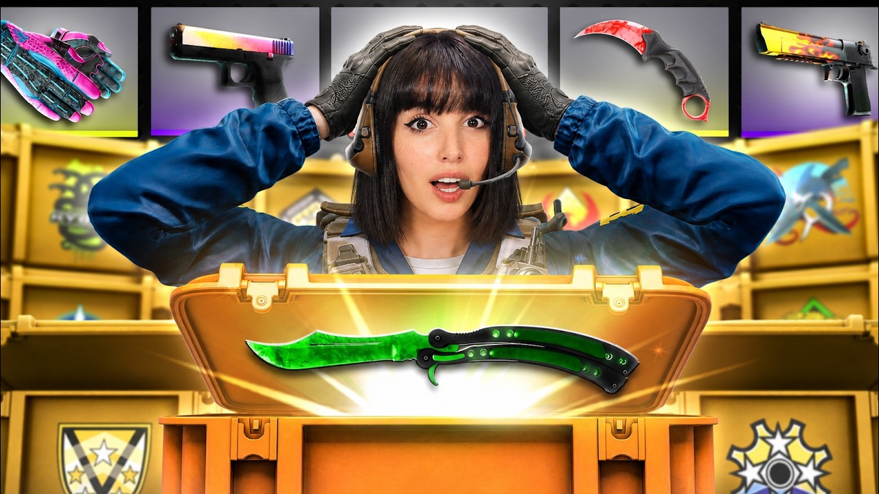 YouTube post by @HiwaGirlgaming for Skin.Club. Caption reads: $500 Case Opening 🔥 I Unboxed A Knife 😍 | CS2....