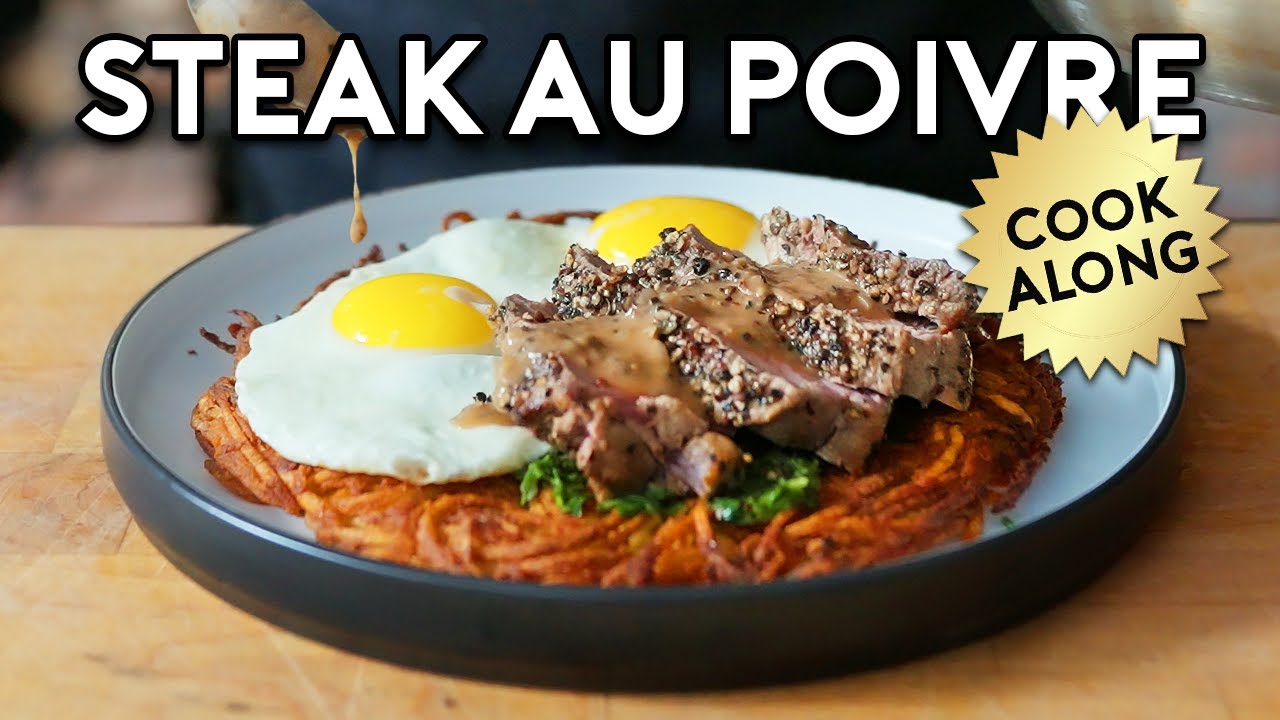 YouTube post by @bingingwithbabish for Danish Creamery. Caption reads: Let's Make: Steak and Eggs au Poivre | Cook-Along....