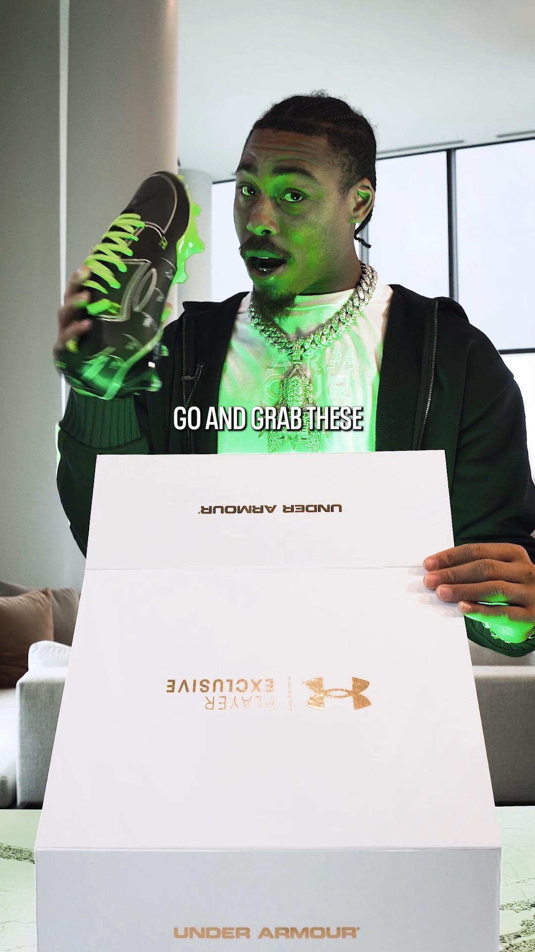 Instagram post by @jjettas2 for Under Armour. Caption reads: That lime green though?! 😮‍💨 The @jjettas2....