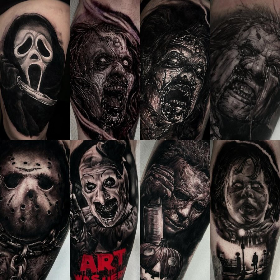 Instagram post by @paul_la_vey_tattoo for Eternal Ink. Caption reads: Black and grey horror portraits available on....