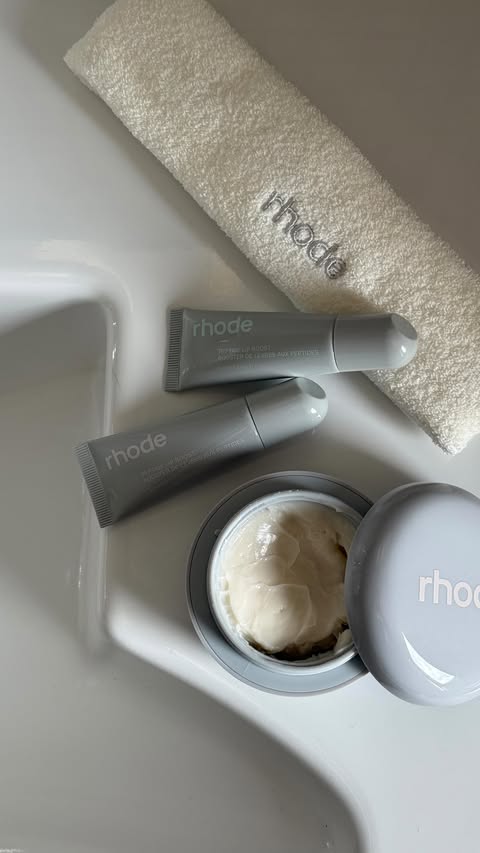 Instagram post by an influencer for rhode skin. Caption reads: a cup of coffee for me and one for my skin <3 💋....