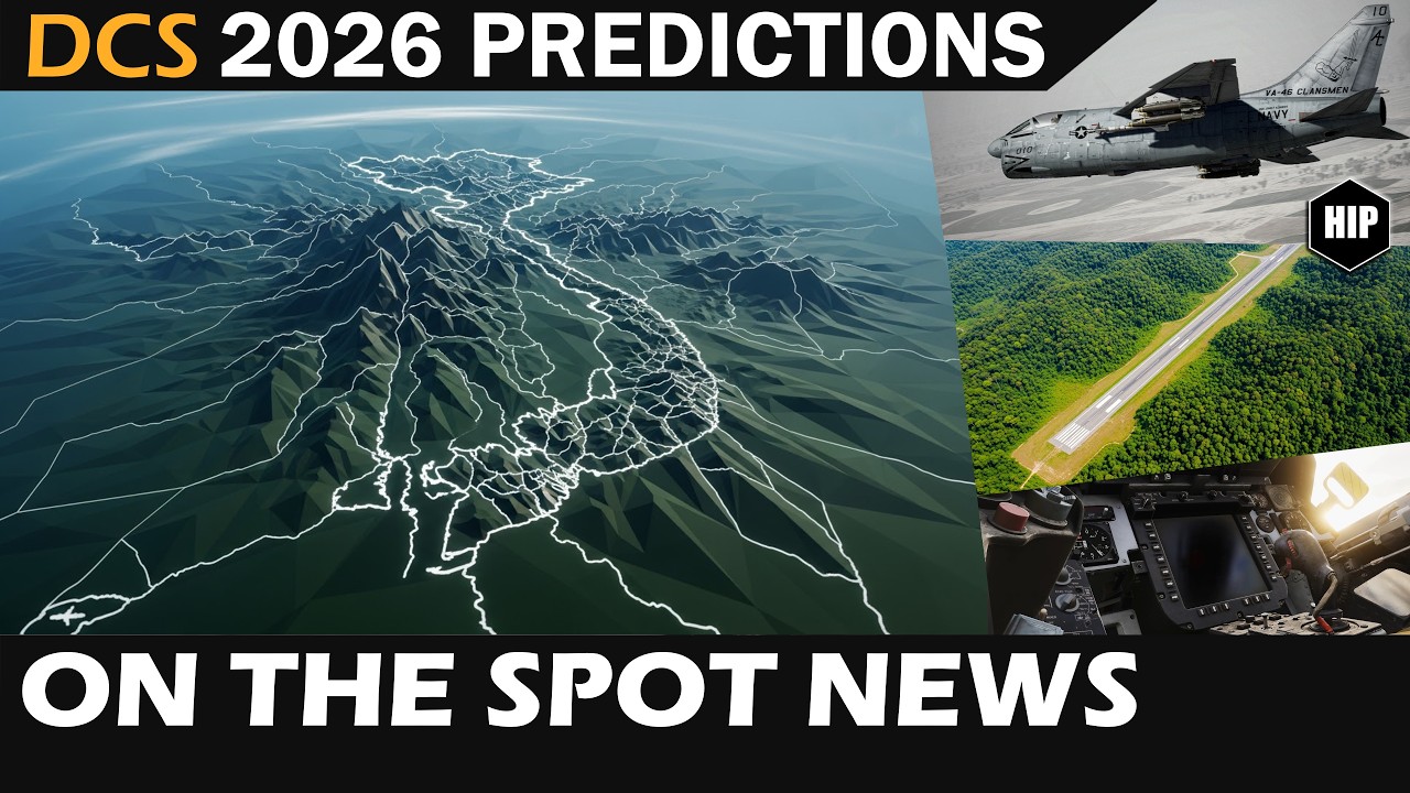 YouTube post by @hipgames for MOZA Racing. Caption reads: Hidden DCS Projects? My Predictions for 2026 &....