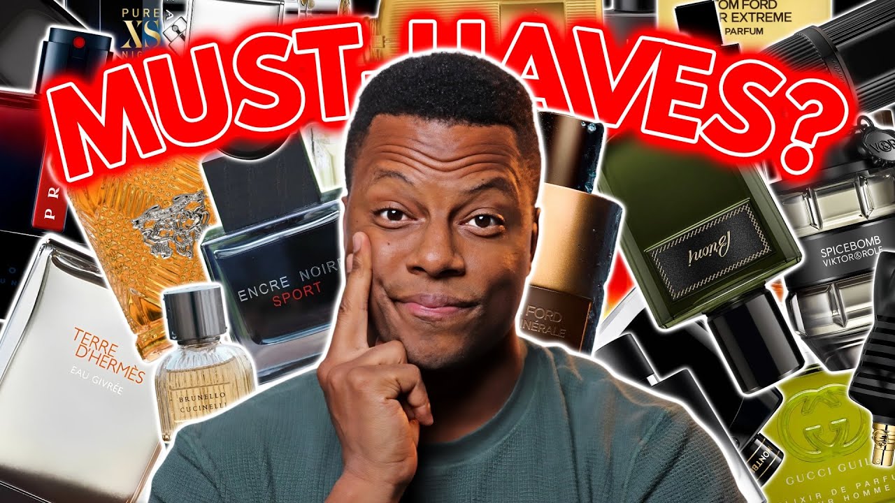 YouTube post by @stayfreshproductions for INTO THE AM. Caption reads: 10 Designer Fragrances Every Man Needs In His....