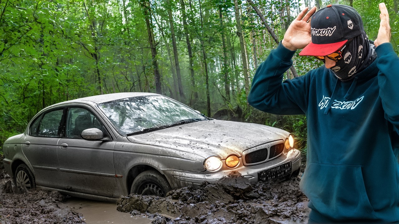 YouTube post by @MotoKoty for Mubi.pl. Caption reads: We bought a Jaguar 4x4 for off-roading.