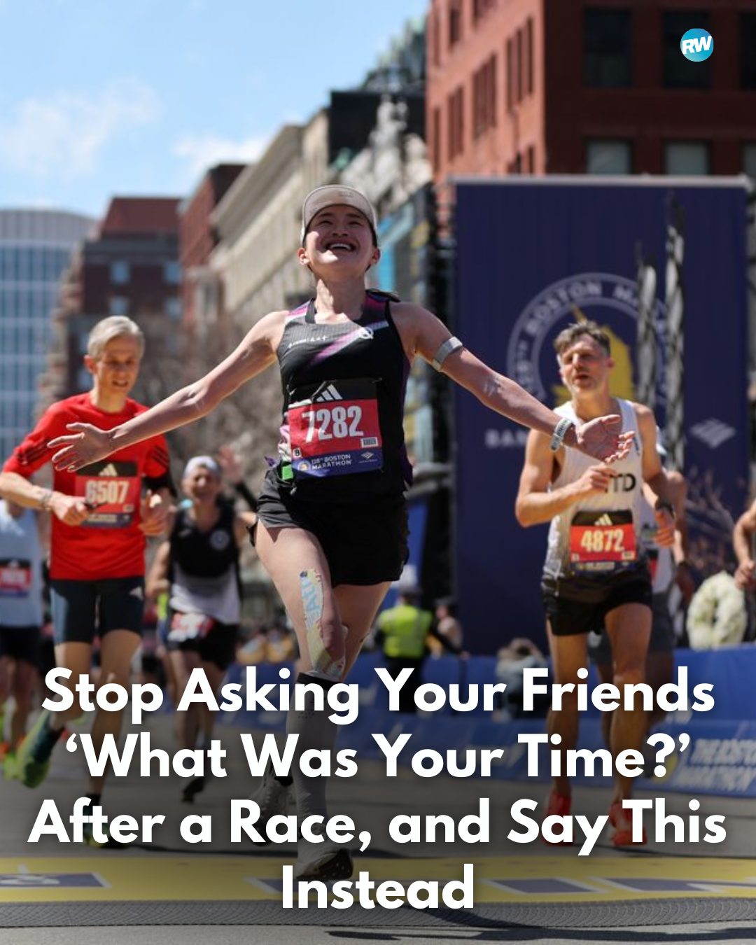 Instagram post by @ashleymateo for Runner's World. Caption reads: It’s time to reframe the post-race....