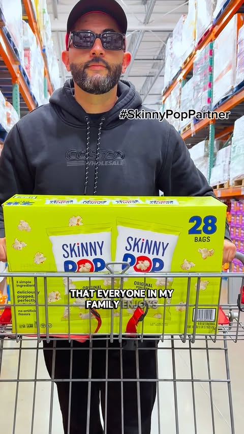 Instagram post by @costcowonders for HERSHEY'S Chocolate. Caption reads: @theskinnypop makes family snack time so much....