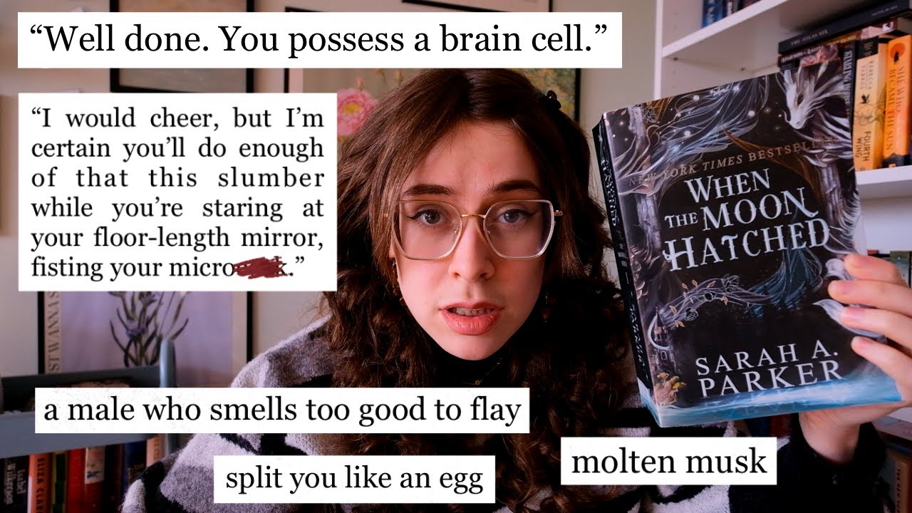 YouTube post by @newlynova for BookoftheMonth. Caption reads: i read booktok's goofiest 700 page romantasy so....