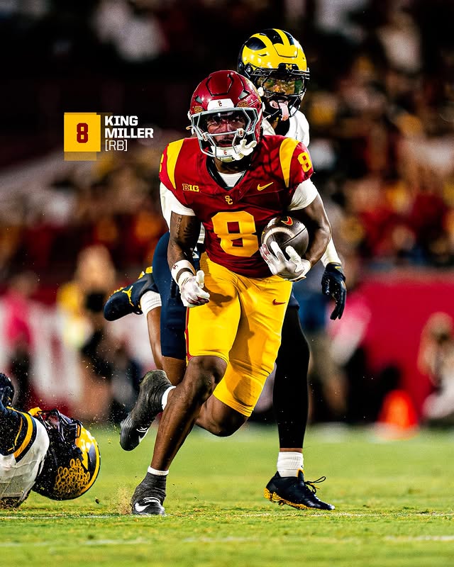 Instagram post by @allcfb for Playmaker. Caption reads: @uscfb tailback @kingxmiller is switching to No. 8....