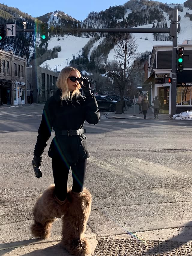 Instagram post by @leoniehanne for Moncler. Caption reads: Moncler in Aspen - The experience of a lifetime....