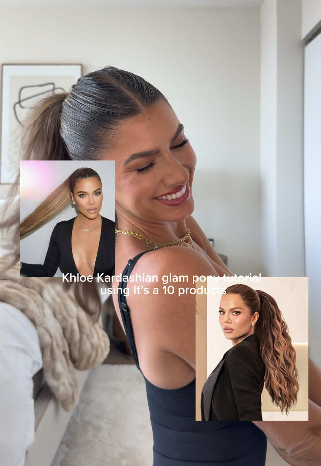TikTok post by @carolinafreixa for It's A 10 Haircare. Caption reads: Khloé Kardashian's glam pony tutorial using all....