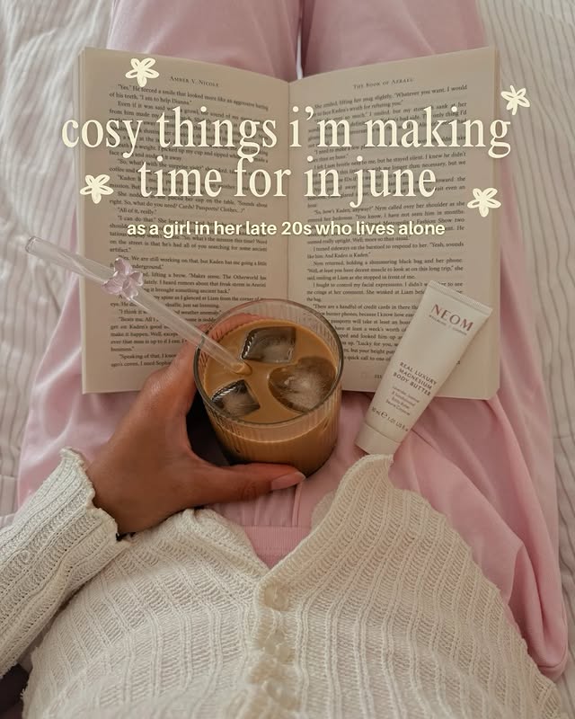 Instagram post by @livingwithtish for NEOM. Caption reads: cosy things i’m making time for in june 🌸✨ gifted....